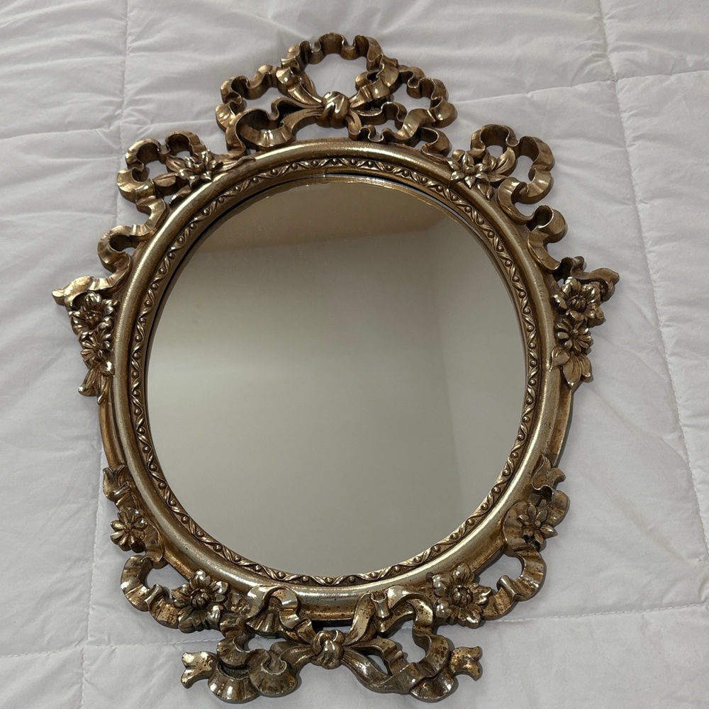 Vintage Oval Mirror Baroque Style Resin Frame With Ornate Ribbon & Bows 1960’s